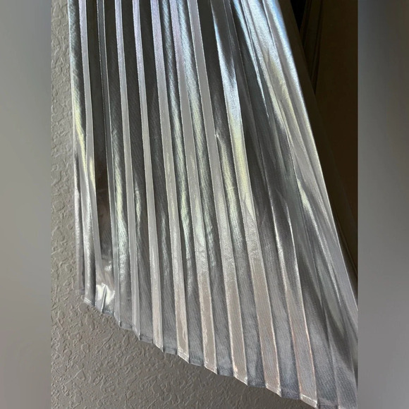 silver metallic party midi accordion pleated midi cocktail skirt concert disco - Picture 8 of 9
